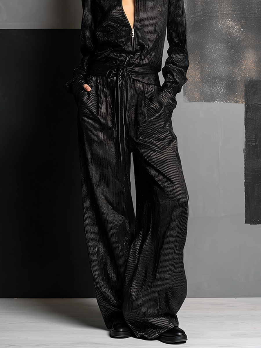 Women's All-Black Vertical Striped Lurex Jumpsuit With Collar Half Zip Front & Self Tie Wait Belt, Edgy Night Out Wide Leg Metallic Jumpsuit MDZ0124G2LYL