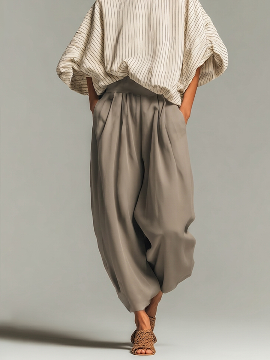 Women's Beige Pinstripe Woven Co-Ord With Loose Boat Neck Bubble Sleeve Top & High Waist Baggy Gray Side Pocket Trousers, Modern Effortless-Chic Daily Two-Piece Set MDZ0187G8LYL