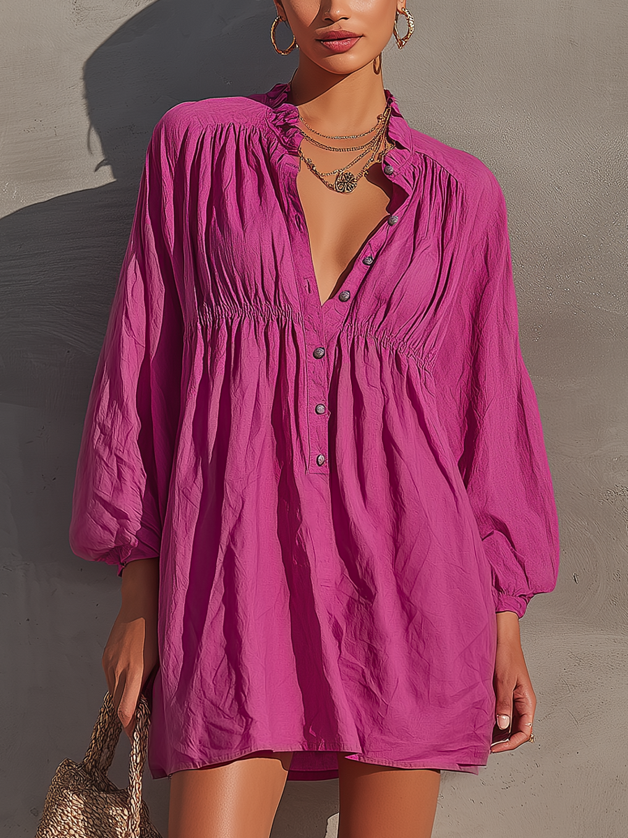 Women’s Fuchsia Cotton-linen Blend Ruffle Collar Half Button Bubble Long Sleeve Gathered Waist Loose Mini Shirt Dress MDZ0728G5YZJ
