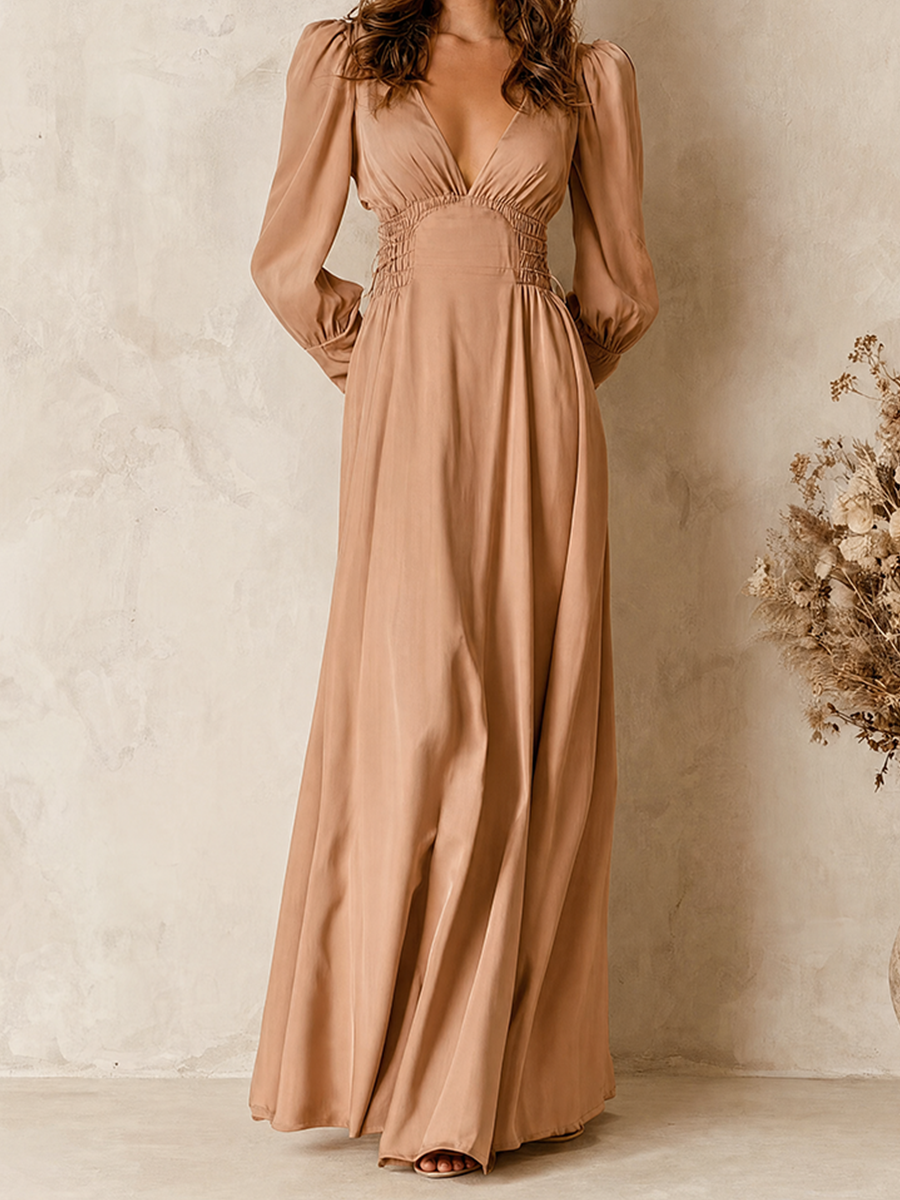 Women's Elegant Pink Deep V-Neck Puff-Sleeve Cinched-Waist Flowing Chiffon Maxi Dress MDZ0941G7CMX