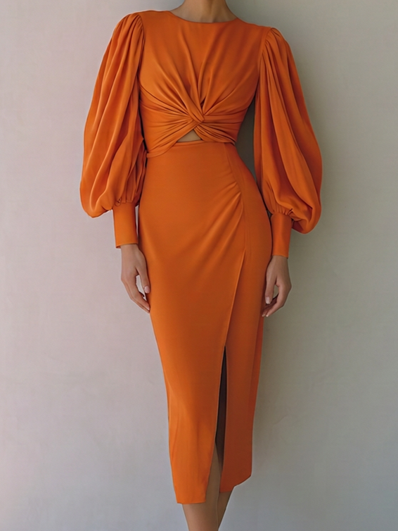 Women's Elegant Burnt Orange Twist Front Cutout Waist Balloon Sleeve Midi Dress MDZ1099G2ZSQ