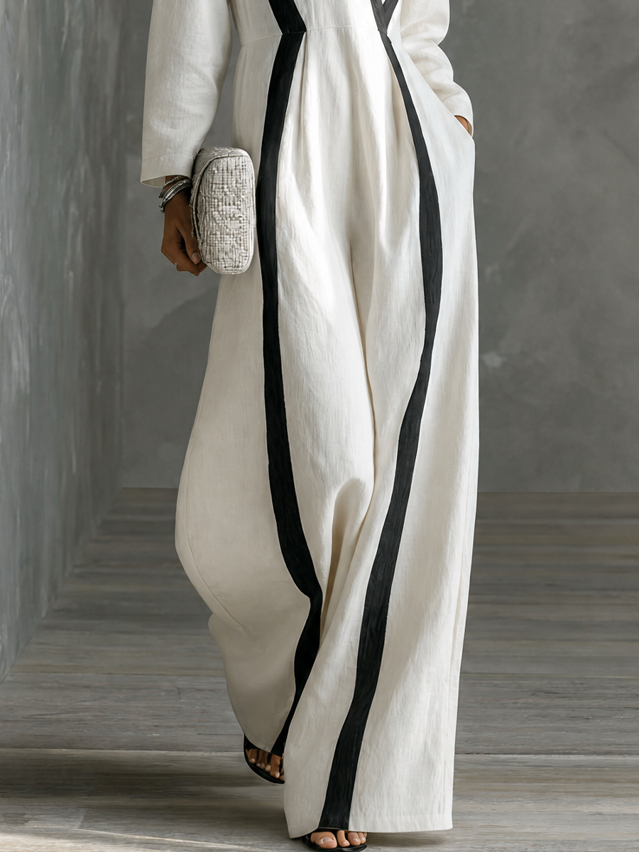 Women's Minimalist Vacation Style White Cotton Linen V-Neck Color-Blocked Striped Long-Sleeved Wide-Leg Jumpsuit MDZ1382G0GMJ