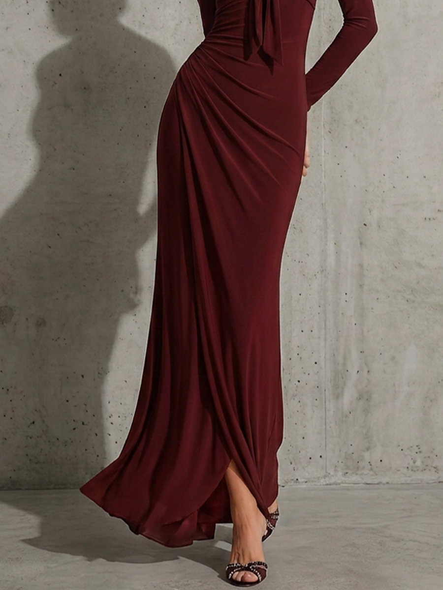 Women's Burgundy Soft Jersey Maxi Dress With Front Tie V Neck & Draped Wrap Skirt, Sexy Bodycon Evening Floor Length Gown MDZ1544G2LYL