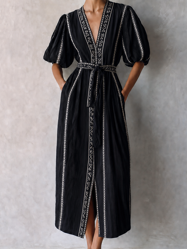 Women's Bohemian Black Cotton Blend V-Neck Puff Sleeve Geometric Embroidery Belted Midi DressMDZ0712G1ZSQ