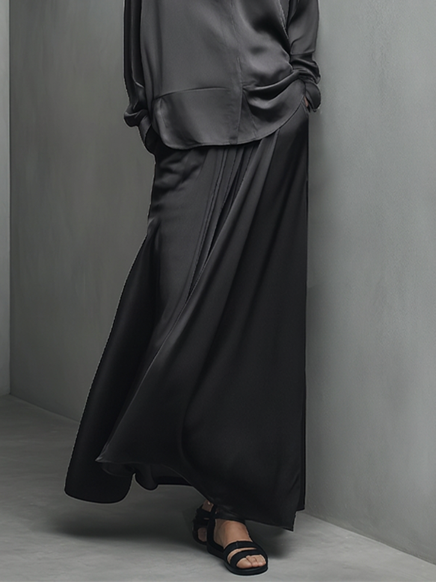 Women's Black Glossy Satin Matching Outfit With Turn Down Collar Shirt & Wide Swing Maxi Skirt, Versatile Evening Vacation Two-Piece Set MDZ1375G3LYL