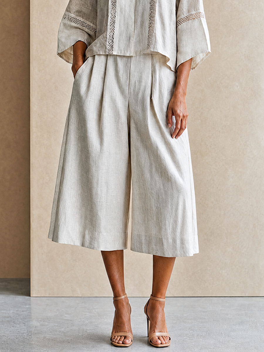 Women's Vacation-Style Cotton-Linen Patchwork Stand-Collar Cropped Top + High-Waist Wide-Leg Pants MDZ0779G6CMX