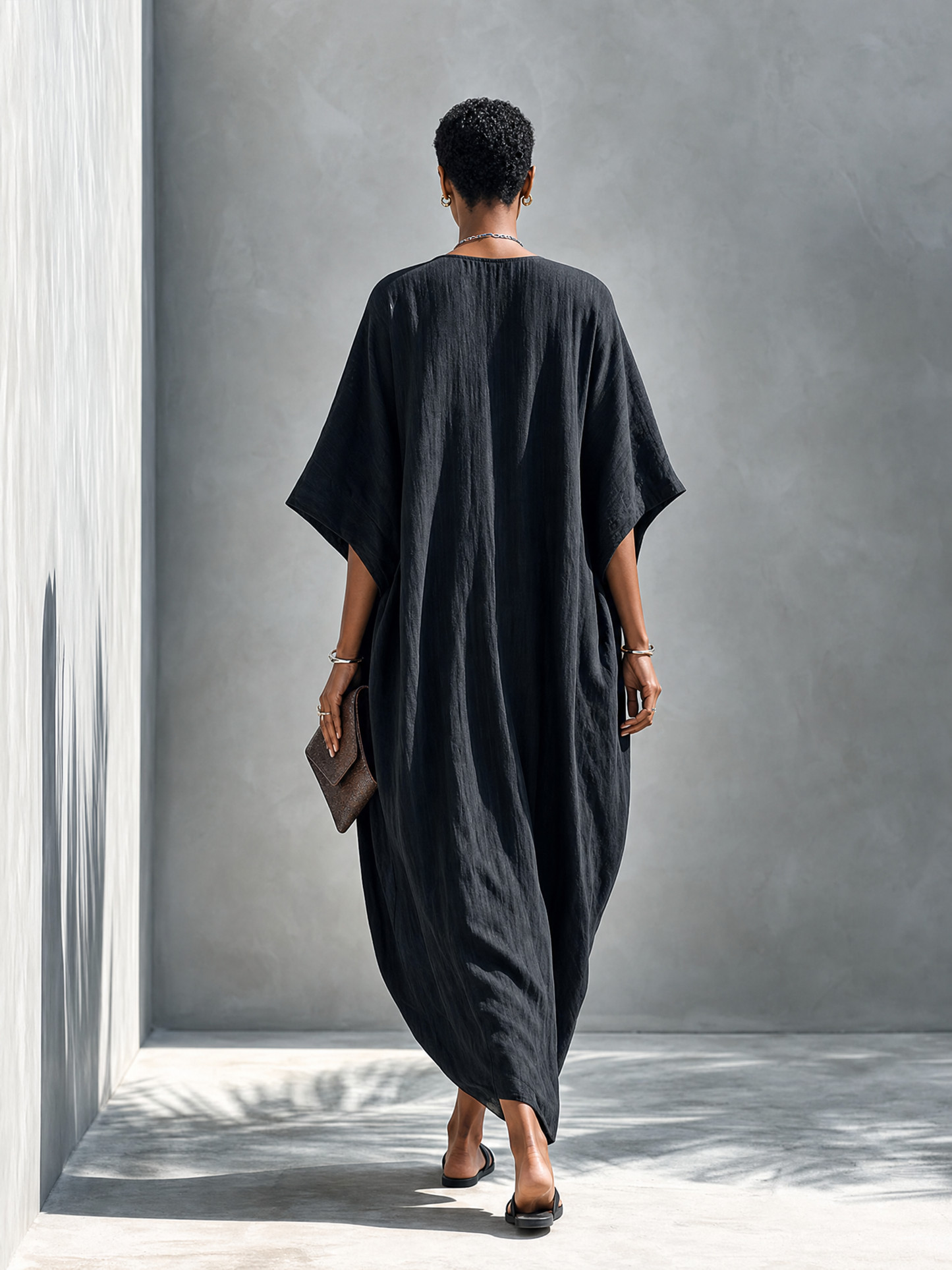 Women's Solid Black Linen Maxi Dress With Deep V-Neck And Slit MDZ0315G8ZRK