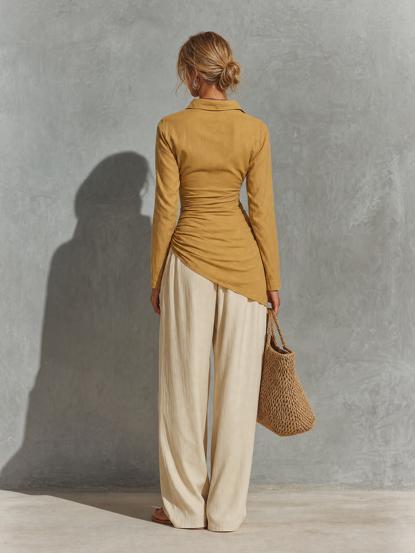 Women’s Mustard Linen Collar Half Button Side Ruched Asymmetrical Hem Long Sleeve Top & Beige High Waist Pocket Wide Leg Pants Two Piece Matching Set MDZ0746G9YZJ