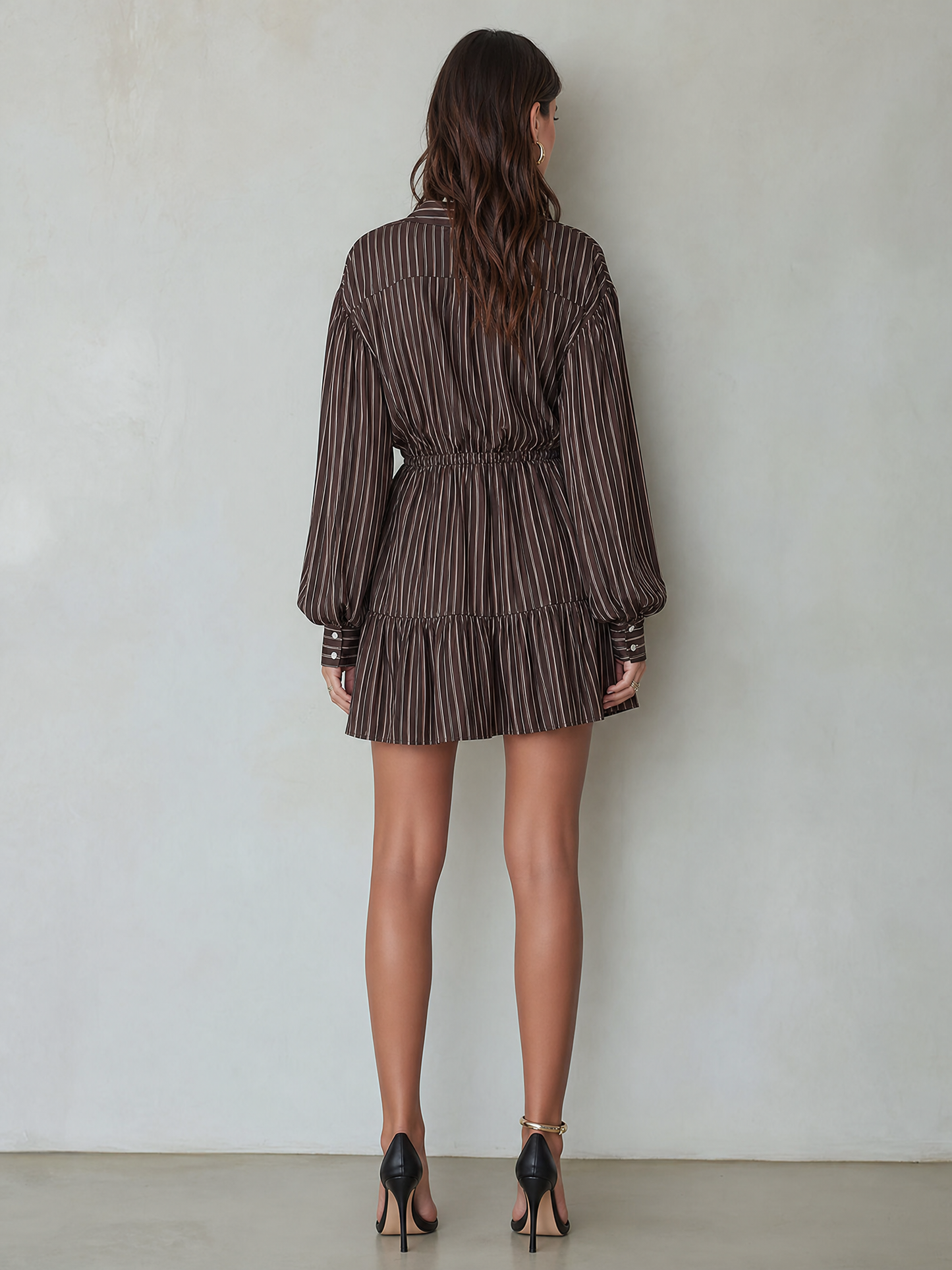 Women's Minimalist Vertical‑Striped Mini Shirt Dress With Drawstring Waist And Long Puff Sleeves MDZ1493G9ZRK