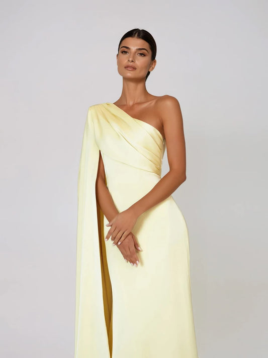 Xelvyn One Shoulder Draped Satin Maxi Dress In Yellow