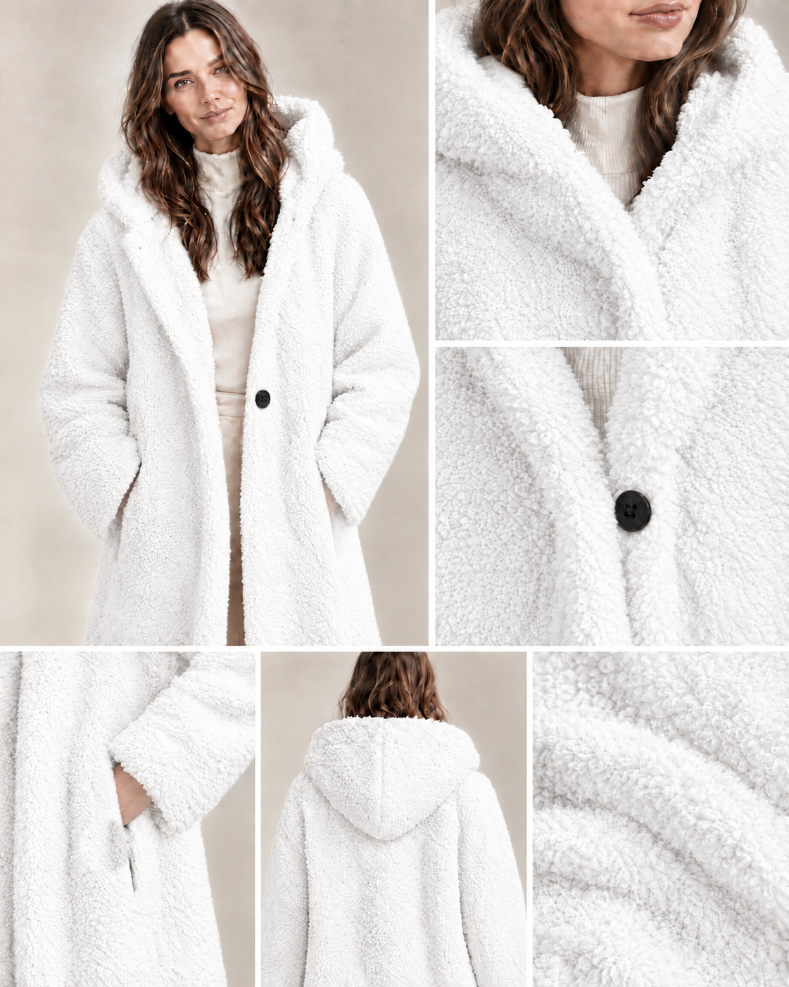 Close-up details: hood, single button and pocket