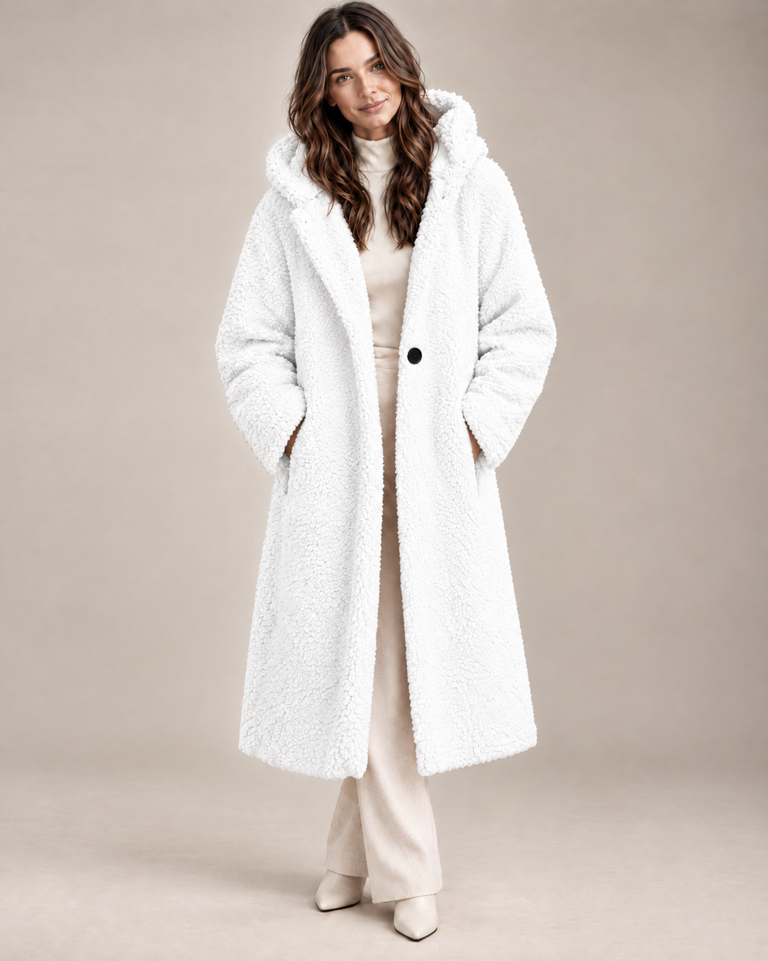 The Alessia Long Coat in off-white, front view