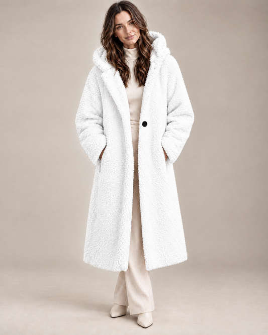 The Alessia Long Coat in off-white, front view