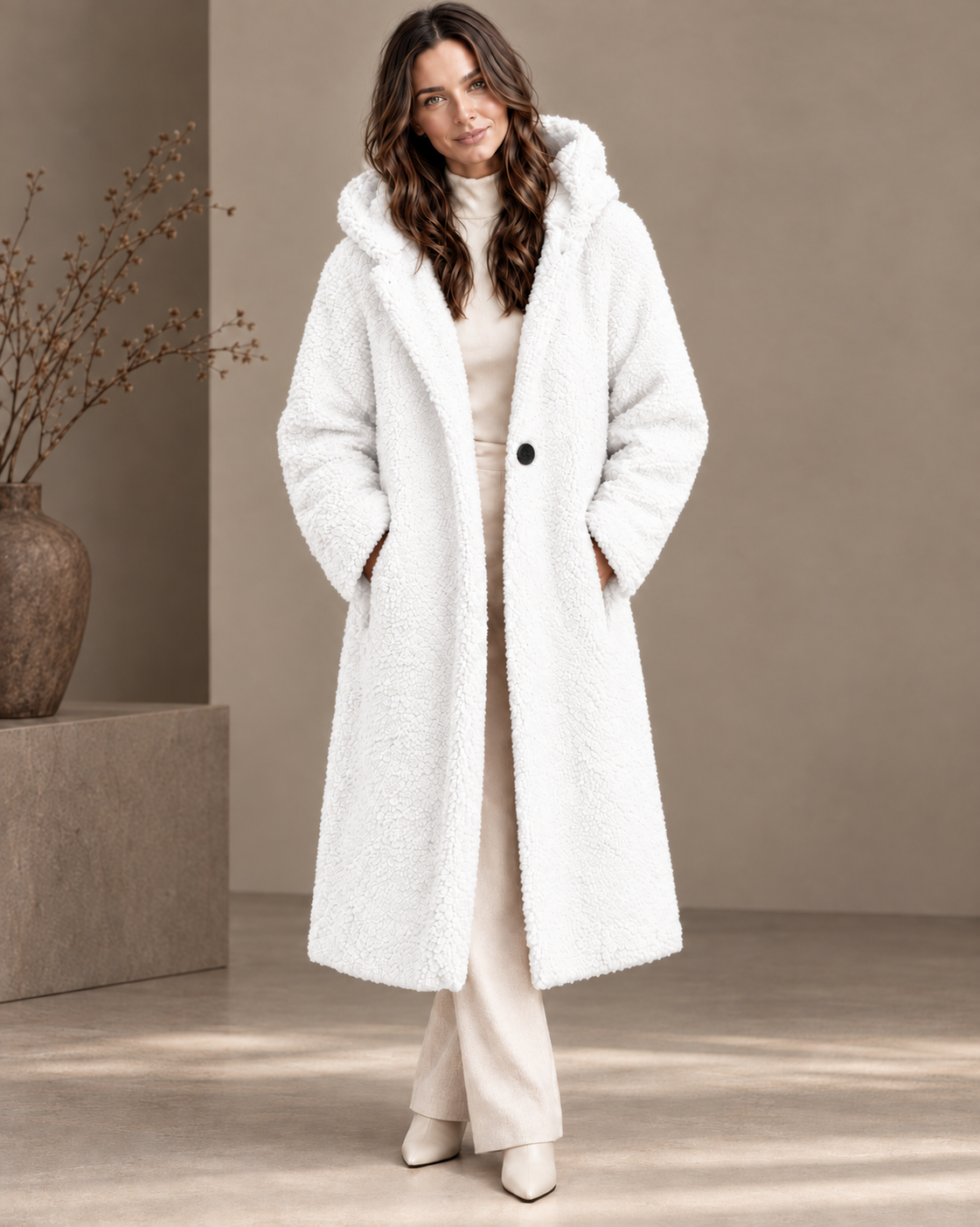 The Alessia Long Coat worn with ivory knit and trousers
