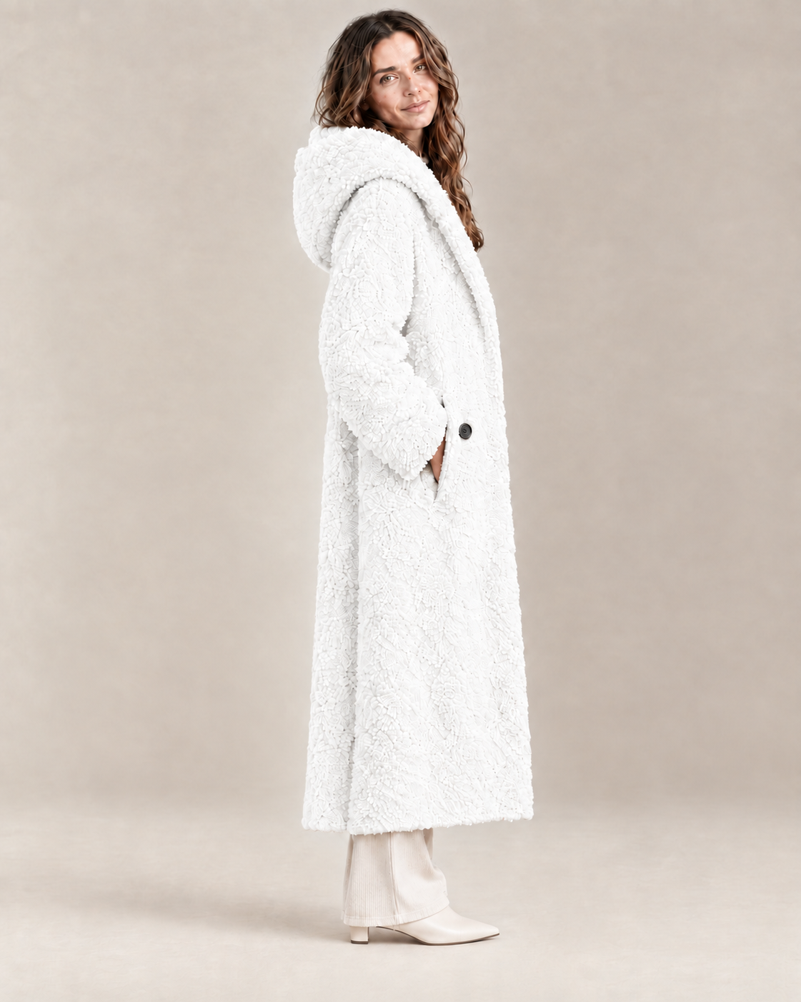 The Alessia Long Coat, side view