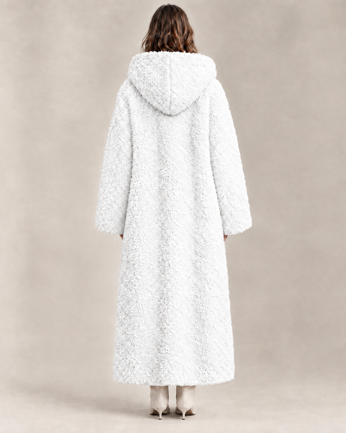The Alessia Long Coat, back view showing the hood