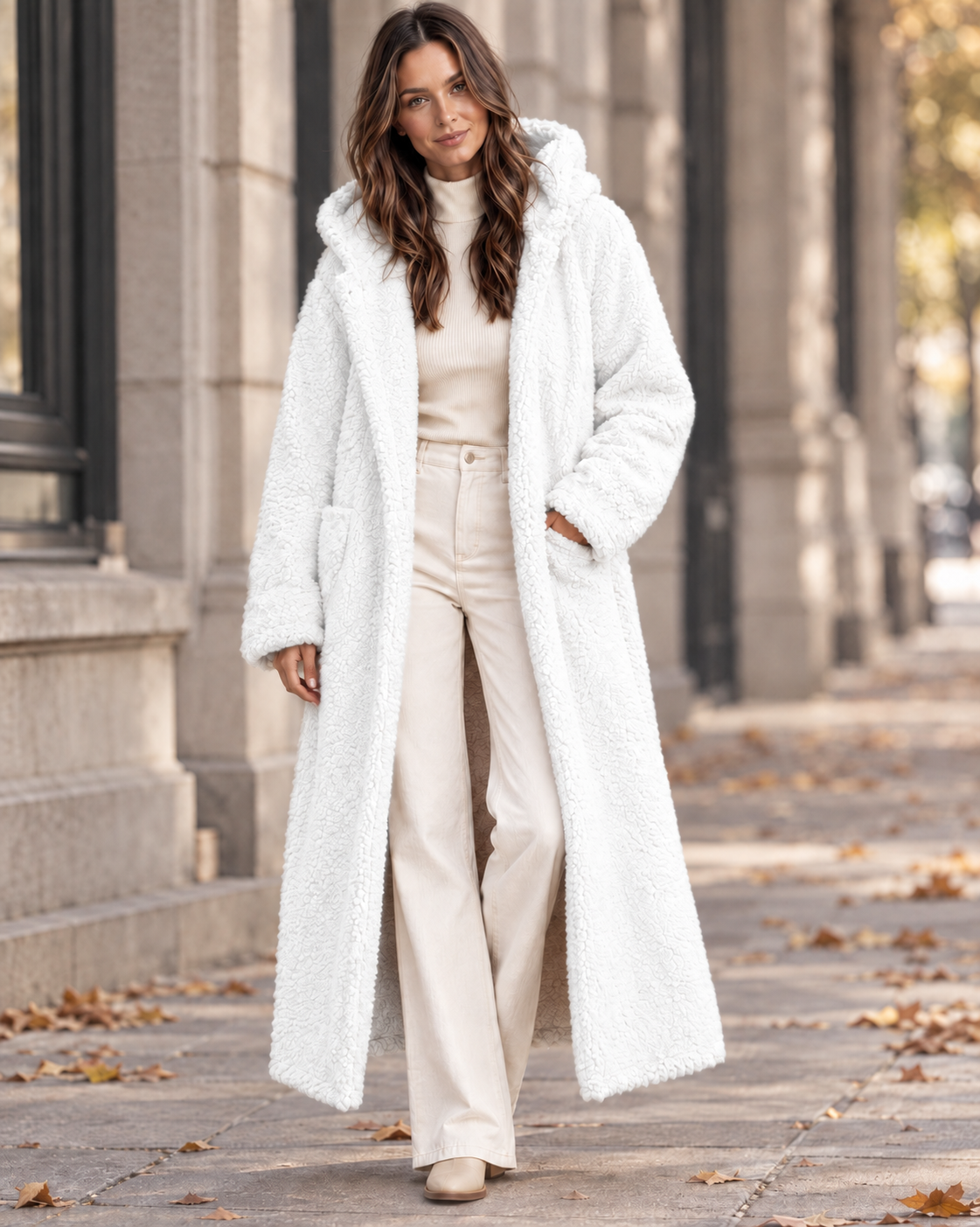The Alessia Long Coat styled with black wide-leg trousers