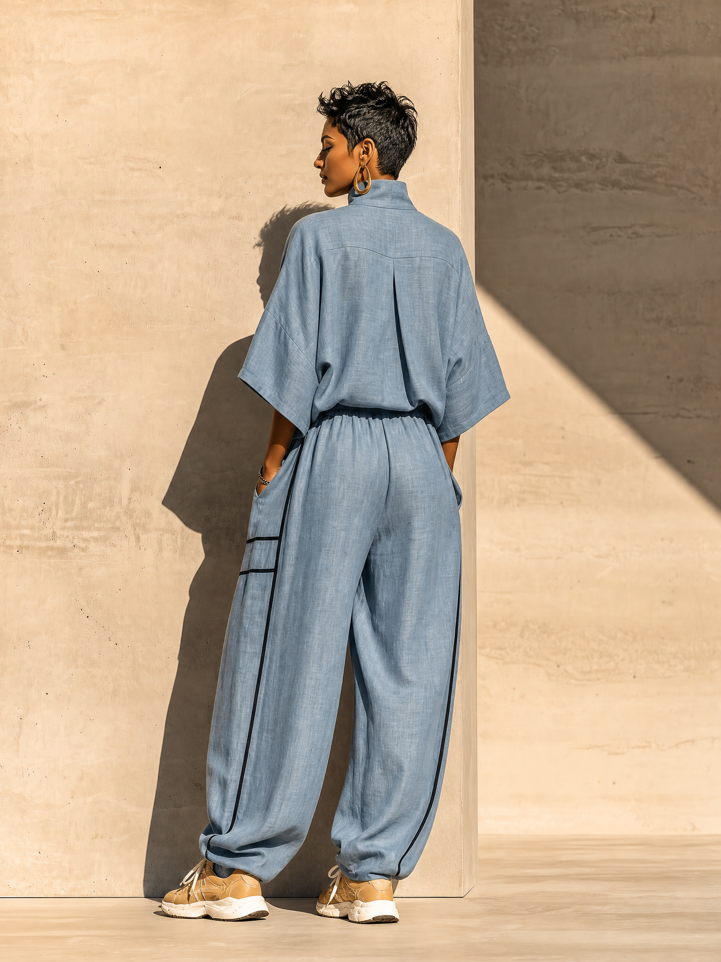 Women's Dusty Blue Linen Turtleneck Three Quarter Sleeve Top Contrast Stripe Drawstring Wide Leg Pants Two Piece Set MDZ0964G5YZJ