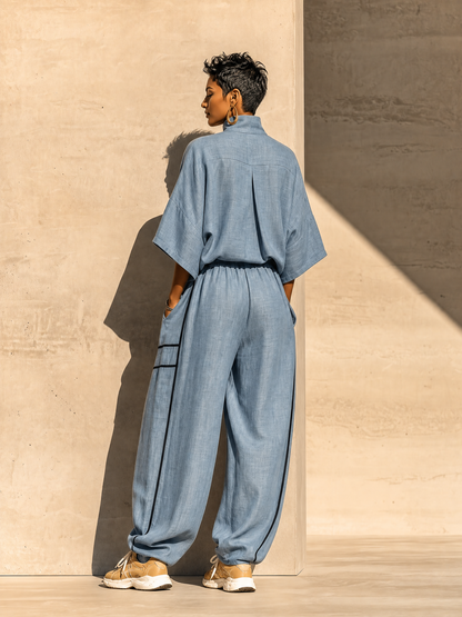 Women's Dusty Blue Linen Turtleneck Three Quarter Sleeve Top Contrast Stripe Drawstring Wide Leg Pants Two Piece Set MDZ0964G5YZJ