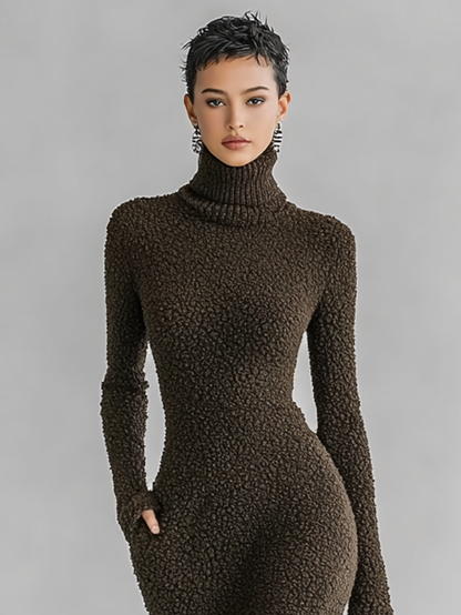 Women's Slim Fit Plush Knitted High Neck Side Slit Midi Dress MDA1401J4Y
