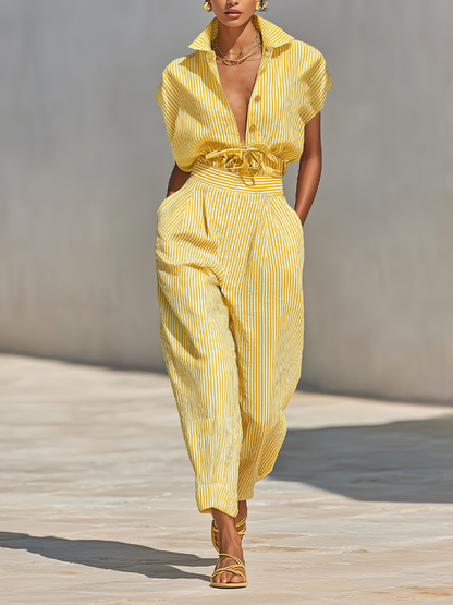Women's Lemon Vertical Stripe Textured Co-Ord With Front Button Blouse & Side Pocket Tapered Trousers, Effortless-Chic Beach Casual Outfit MDZ2203F4LYL
