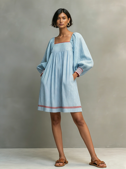 Women's Two-way Wear Design Minimalist Striped Mini Dress Featuring Red-trimmed Lantern Sleeves MDZ3068F5WY