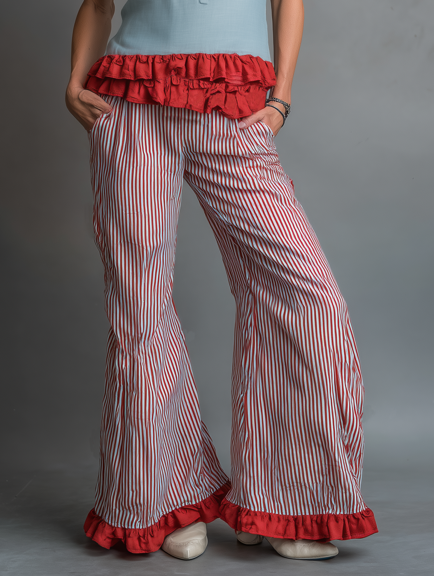 Women's Minimalist Striped Wide-Leg Pants With Ruffled Hem MDZ3071F3WY