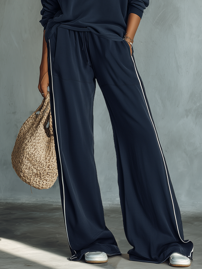 Women's Casual One-Shoulder Long-Sleeve Sweatshirt And Wide-Leg Pants Set MDZ3049F9WY