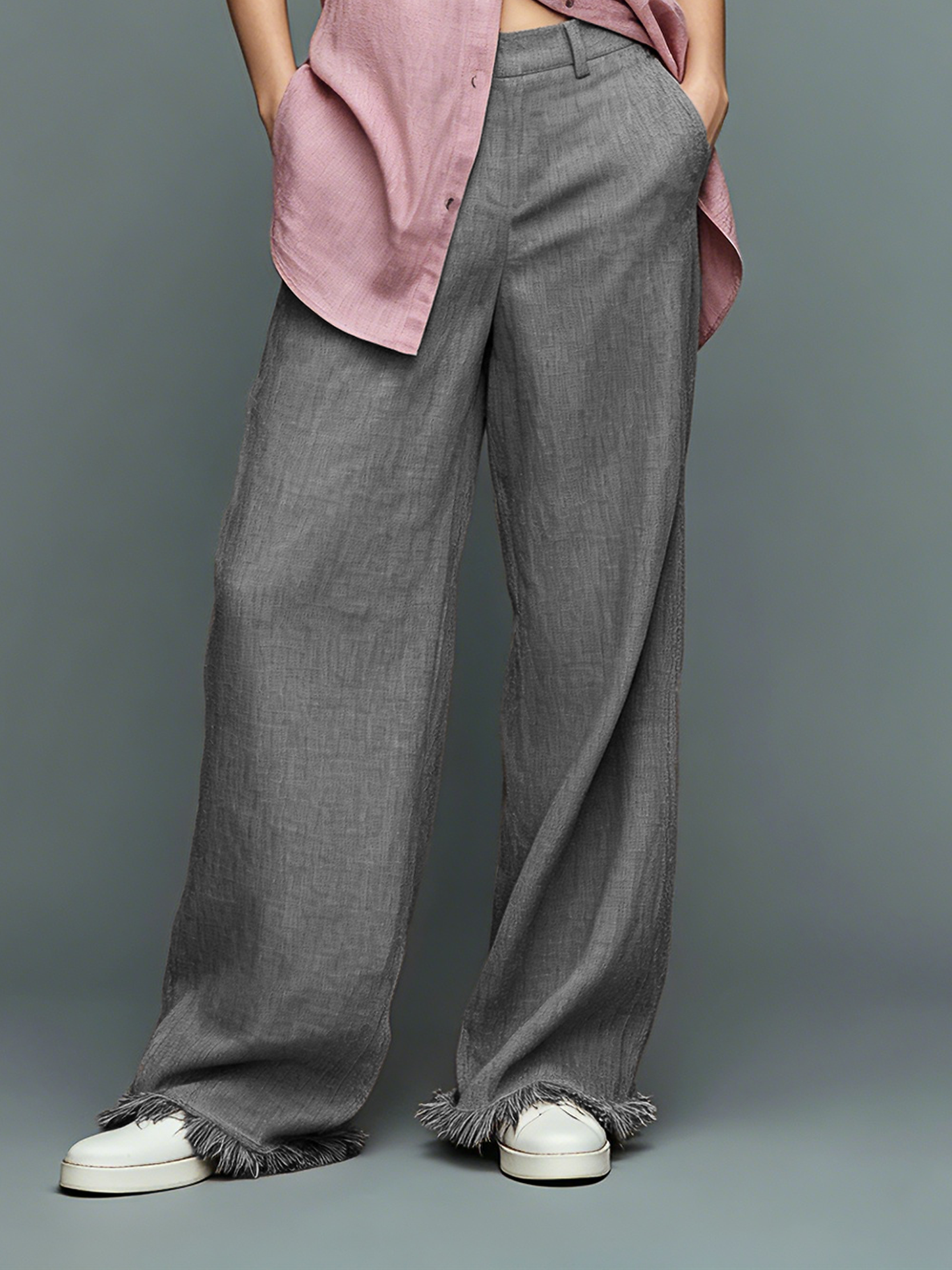 Women's Minimalist Linen-Blend Straight-Leg Trousers With Fringed Hem MDZ3012F0WY