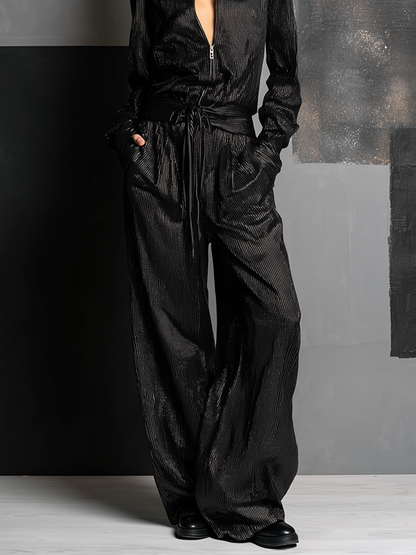 Women's All-Black Vertical Striped Lurex Jumpsuit With Collar Half Zip Front & Self Tie Wait Belt, Edgy Night Out Wide Leg Metallic Jumpsuit MDZ0124G2LYL
