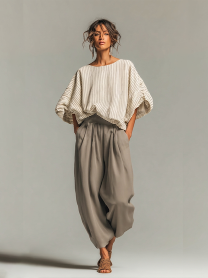 Women's Beige Pinstripe Woven Co-Ord With Loose Boat Neck Bubble Sleeve Top & High Waist Baggy Gray Side Pocket Trousers, Modern Effortless-Chic Daily Two-Piece Set MDZ0187G8LYL
