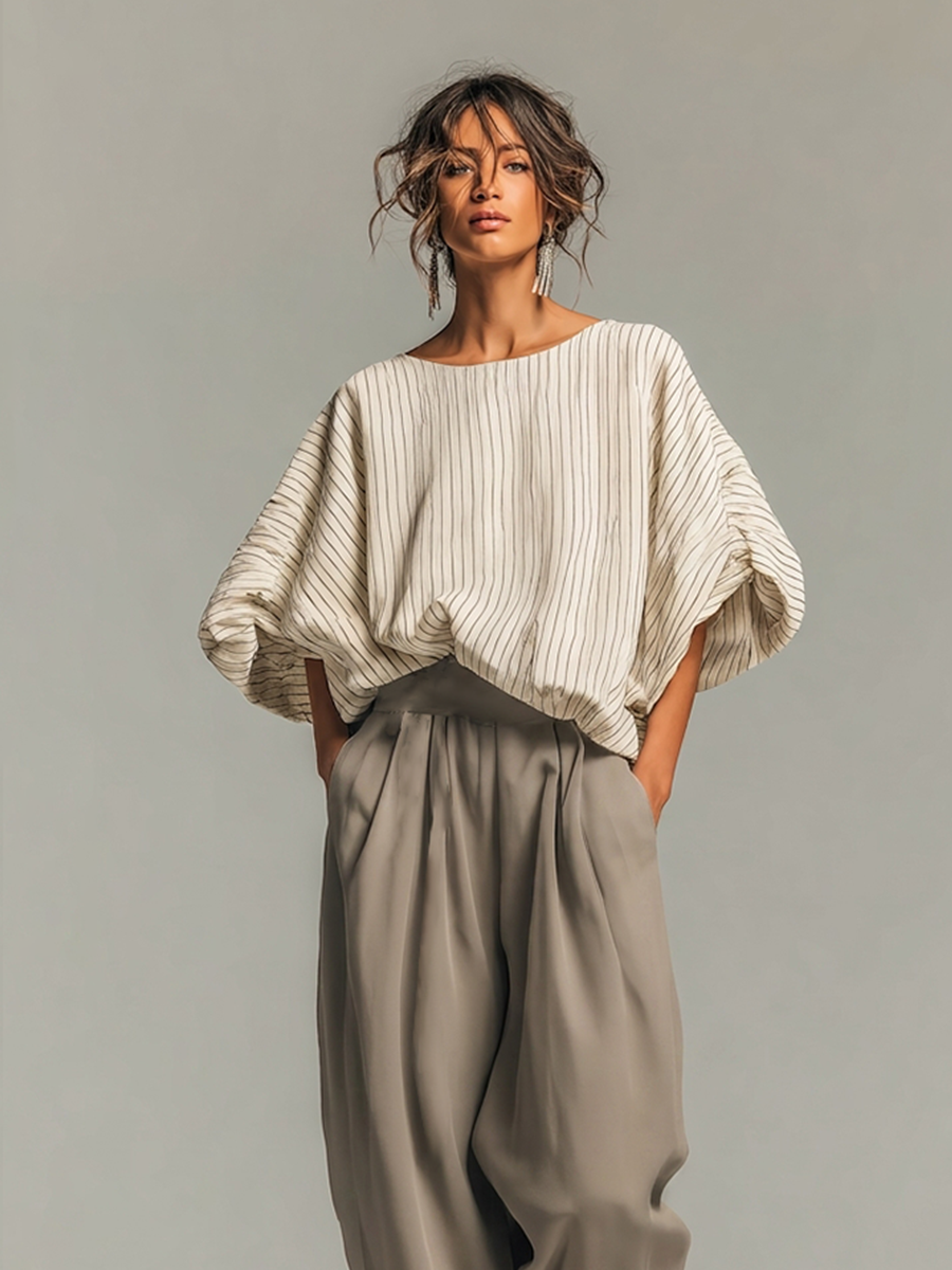 Women's Beige Pinstripe Woven Co-Ord With Loose Boat Neck Bubble Sleeve Top & High Waist Baggy Gray Side Pocket Trousers, Modern Effortless-Chic Daily Two-Piece Set MDZ0187G8LYL