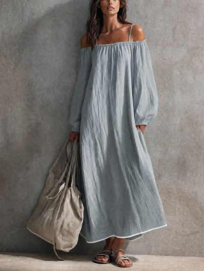 Women's Casual Light Grey-blue Cotton-linen Maxi Dress With Spaghetti Straps, Off-shoulder Design, And Long Sleeves MDZ0266G4LXY