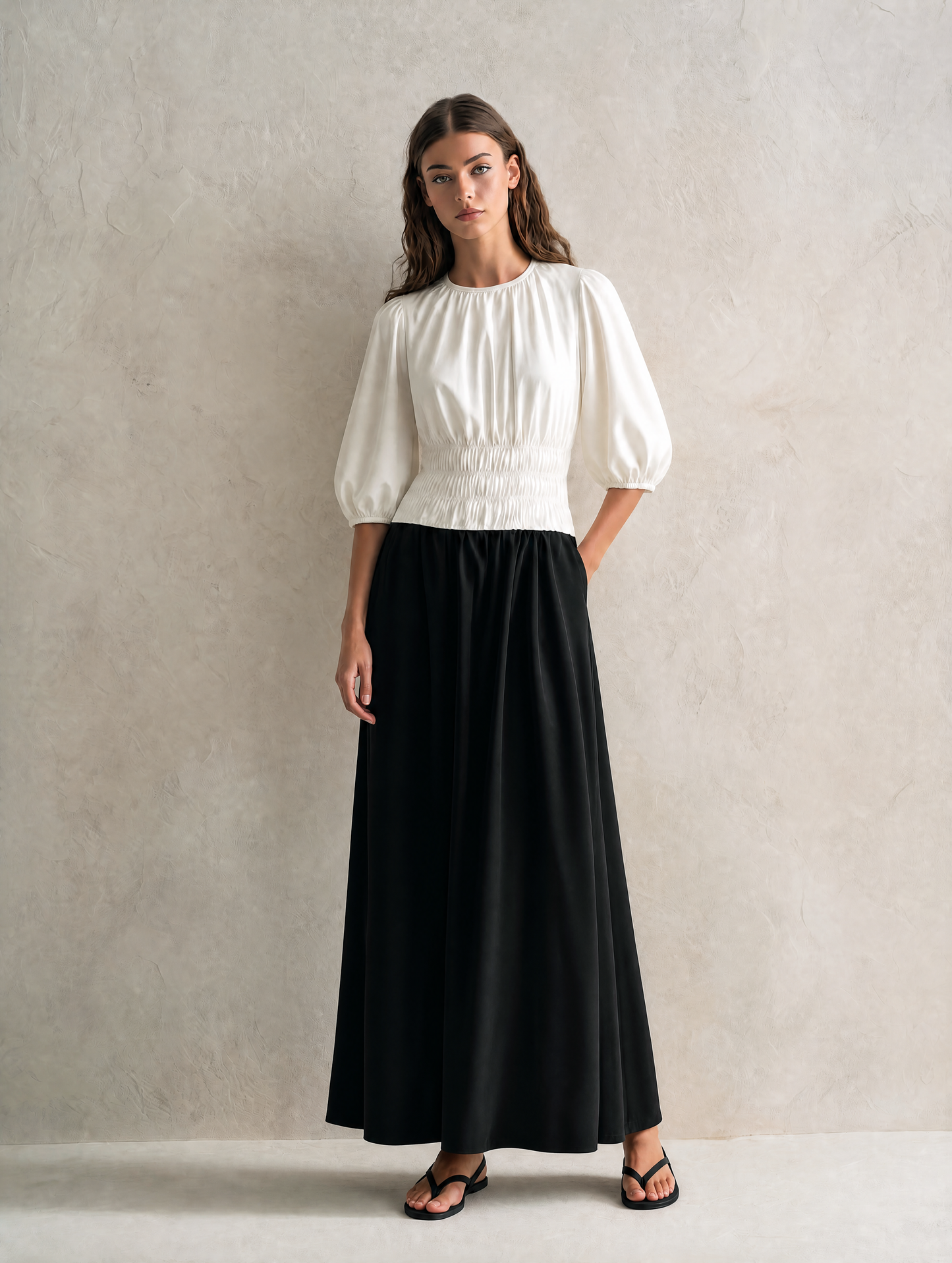 Women's Casual Black And White Woven Maxi Dress With A Round Neck And Mid-length Sleeves MDZ0231G6LXY