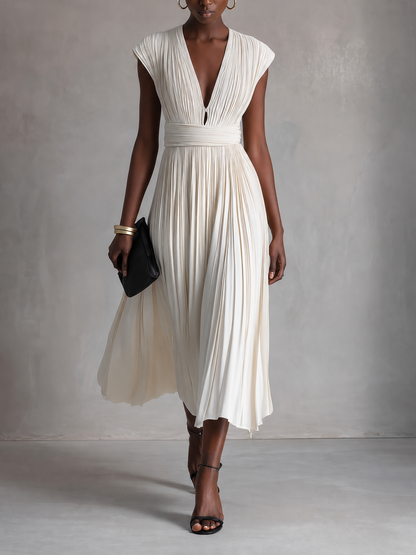 Women's Elegant Ivory Pleated Deep V-Neck Cap Sleeve Wide Waistband Flowy Midi Dress MDZ0392G2O