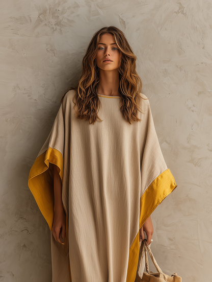 Women's Casual Khaki Cotton-linen Maxi Dress With A Round Neck And Batwing Sleeves MDZ0647G5LXY
