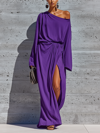 Women’s Elegant Deep Purple Cotton Blend Asym Cold Shoulder Batwing Sleeve Ruched Waist Wrap Over Split Maxi Party Dress MDZ0645G9YZJ