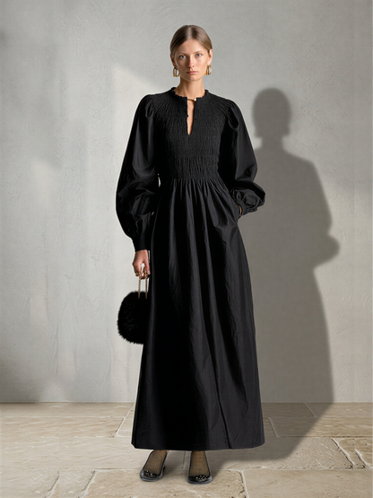 Women's Black Cotton Poplin Maxi Dress With Smocked Elastic Bodice & Puff Balloon Long Sleeves, Minimalist Elegant Side Pocket Flowy Maxi Dress MDZ0616G1LYL