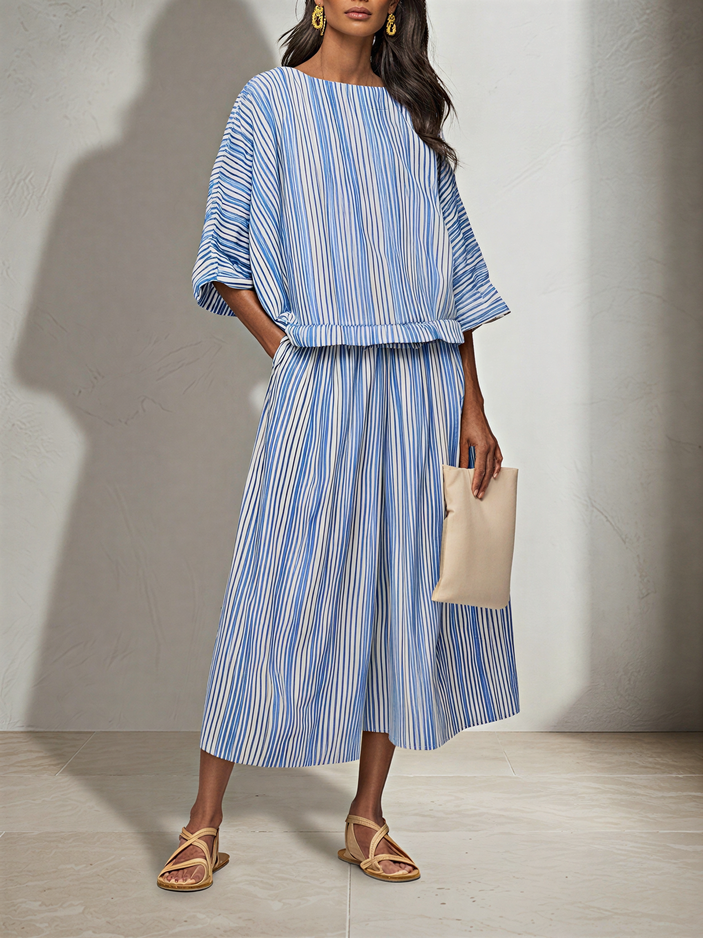 Women's Blue White Vertical Stripe Cotton Blend Two-Piece Set With Boat Neck Batwing Sleeve Top & Elastic Waist Midi Pants, Minimalist Summer Resort Matching Outfit MDZ0695G4LYL