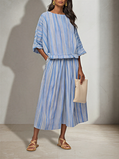 Women's Blue White Vertical Stripe Cotton Blend Two-Piece Set With Boat Neck Batwing Sleeve Top & Elastic Waist Midi Pants, Minimalist Summer Resort Matching Outfit MDZ0695G4LYL