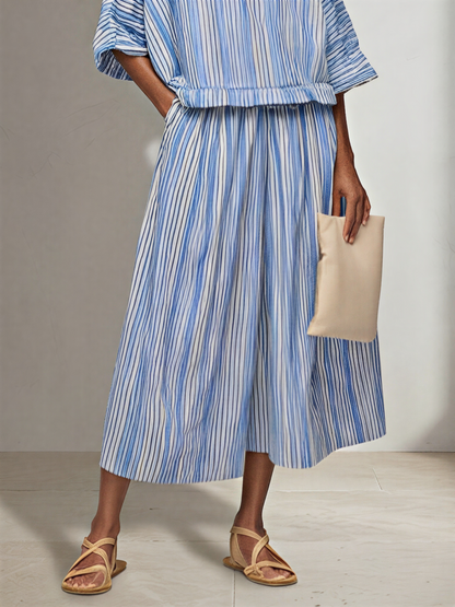 Women's Blue White Vertical Stripe Cotton Blend Two-Piece Set With Boat Neck Batwing Sleeve Top & Elastic Waist Midi Pants, Minimalist Summer Resort Matching Outfit MDZ0695G4LYL