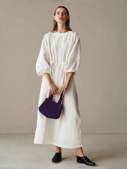 Women's Cream Textured Cotton-Blend Maxi Gown With Drop Shoulder Lantern Sleeves & Self Tie Waist Detail, Modern Effortless-Chic Everyday Maxi Dress MDZ0685G0LYL