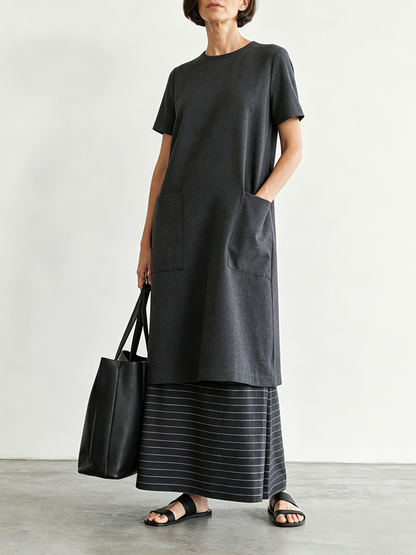 Women's Minimalist Color-Block Striped Short-Sleeve Maxi Dress MDZ3052F9WY