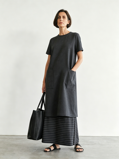 Women's Minimalist Color-Block Striped Short-Sleeve Maxi Dress MDZ3052F9WY