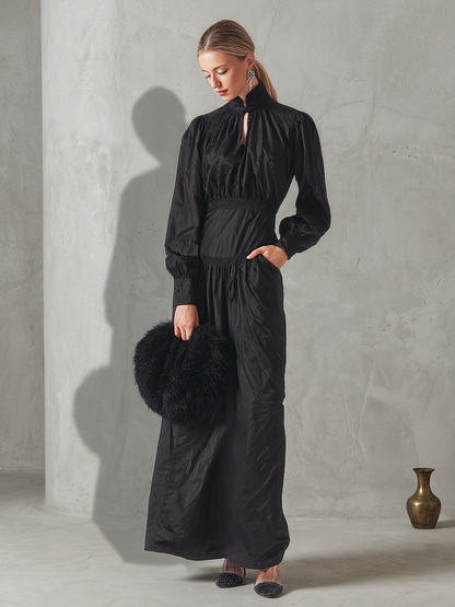 Women's All-Black Cotton-Blend Maxi Dress With Ruched Cinched Torso & Cuff Button Sleeves, Versatile Formal Occasion Flowy Maxi Dress MDZ0678G5LYL