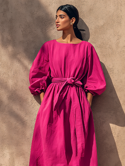 Women's Fuchsia Textured Cotton-Blend Maxi Gown With Cuffed Lantern Sleeves & Side Hand Pockets, Minimalist Effortless-Chic Summer Maxi Dress MDZ0641G7LYL