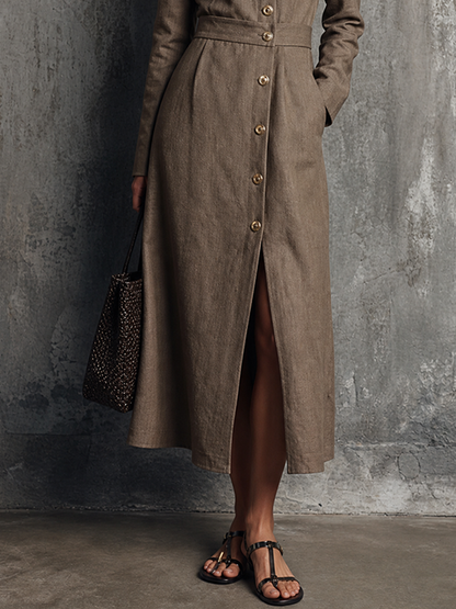 Women's Light Luxury Style Brown Cotton Linen Round Neck Long Sleeve Single-Breasted Slit Midi Dress MDZ0609G3GMJ