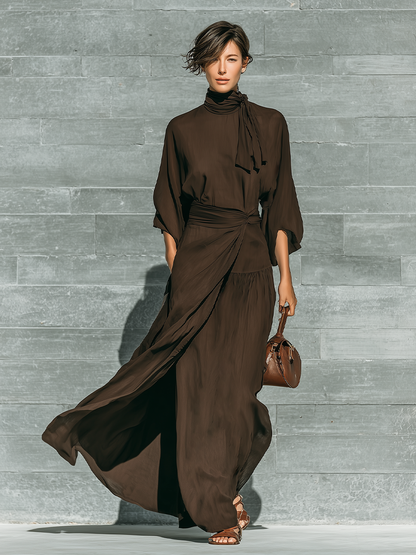 Women's Dark Brown Matte Satin Tie-Neck Three-Quarter Sleeve Dress MDZ0716G2YZJ