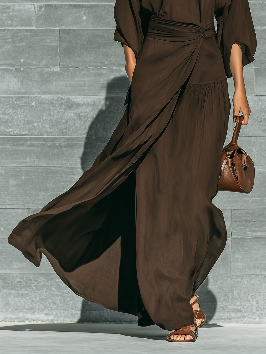 Women's Dark Brown Matte Satin Tie-Neck Three-Quarter Sleeve Dress MDZ0716G2YZJ