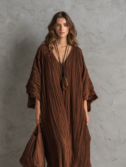 Women's Casual Brown Woven Pleated V-Neck Batwing-Sleeve Loose Maxi Dress MDZ0700G8LXY